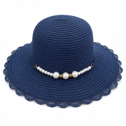 Palarie de vara dama albastru inchis cu perlute decorative si protectie UV eleganta