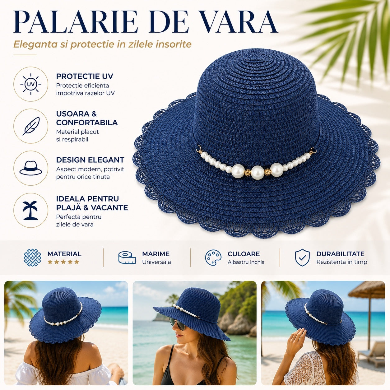 Palarie de vara dama albastru inchis cu perlute decorative si protectie UV eleganta