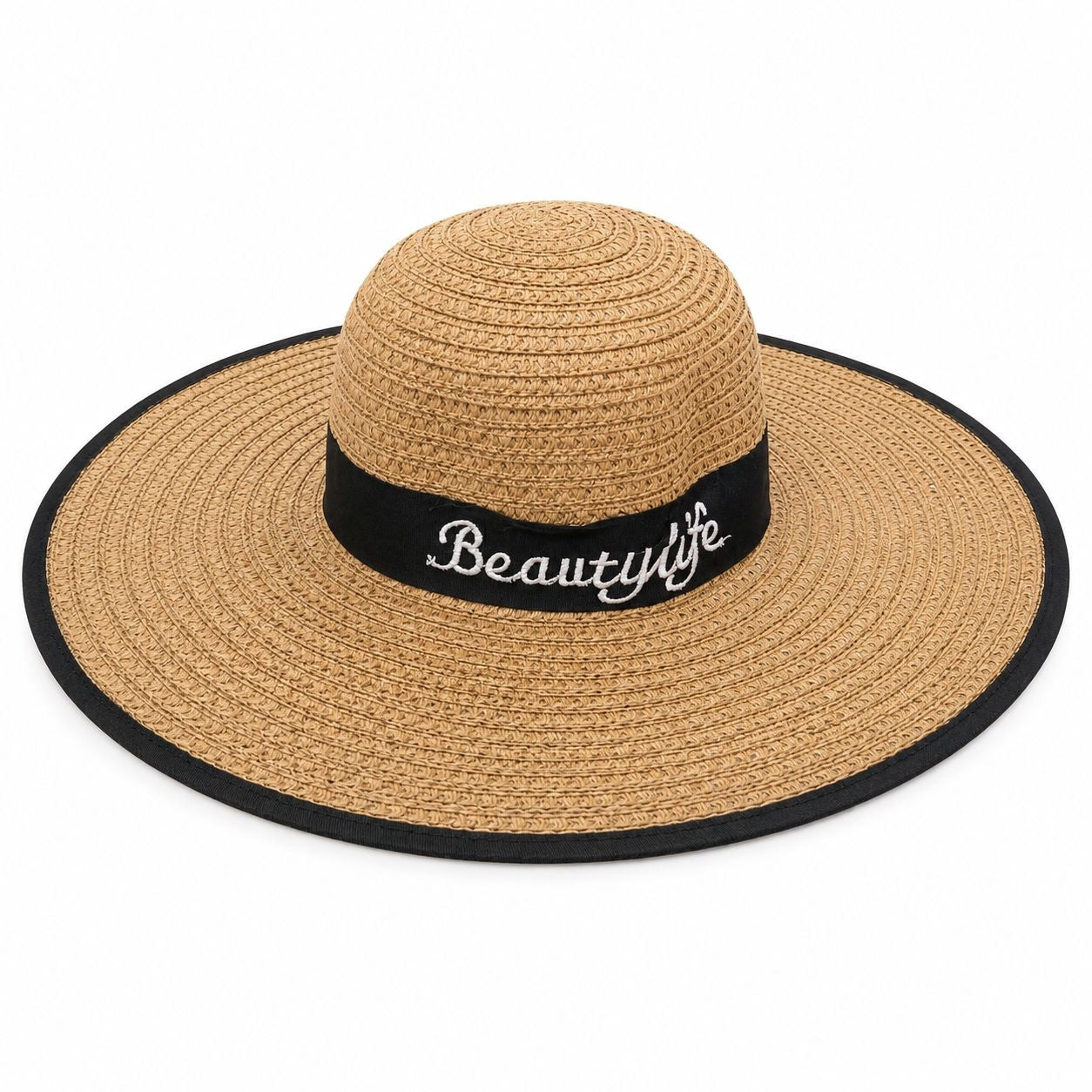 Palarie de vara dama bej cu banda neagra si protectie UV pentru plaja