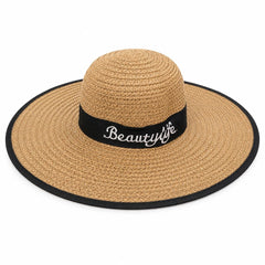 Palarie de vara dama bej cu banda neagra si protectie UV pentru plaja
