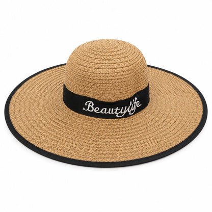 Palarie de vara dama bej cu banda neagra si protectie UV pentru plaja