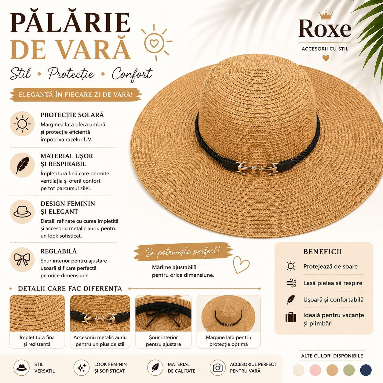 Pălărie de Vară Damă Bej cu Bor Lat și Curea Decorativă – Pălărie Elegantă pentru Plajă și Soare