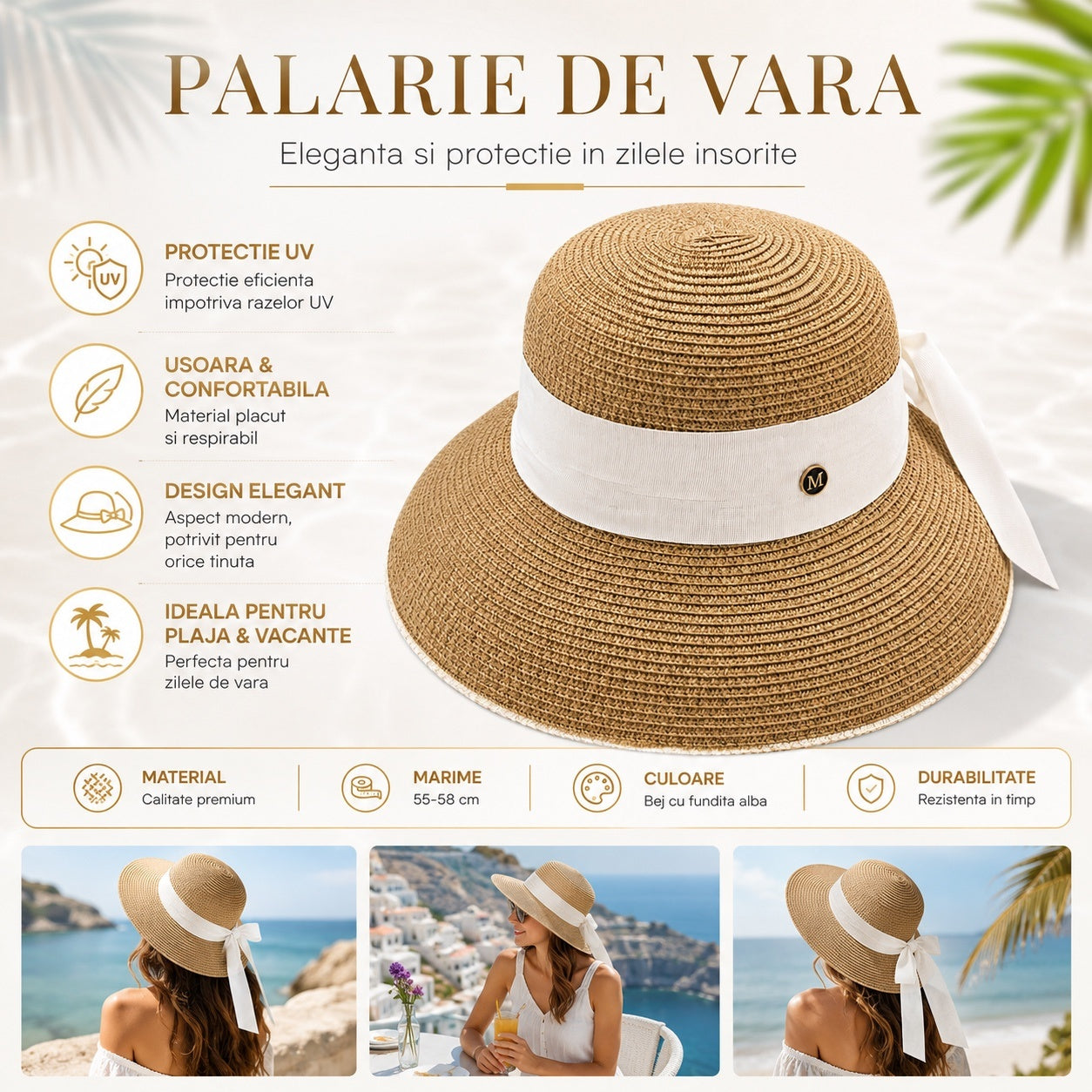 Palarie de vara dama bej cu funda alba eleganta si protectie UV pentru plaja