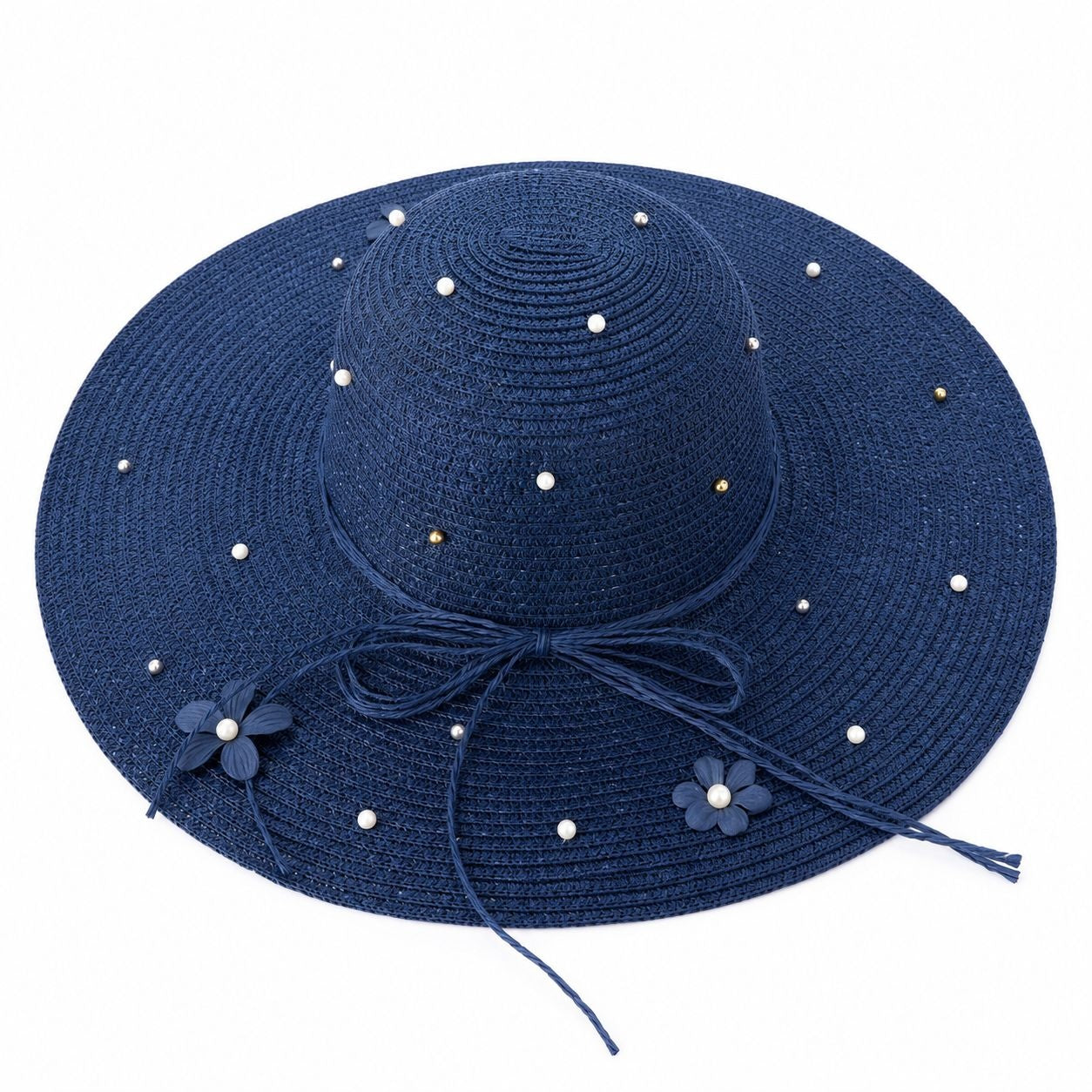 Palarie de vara dama bleumarin cu perle decorative si protectie UV pentru plaja