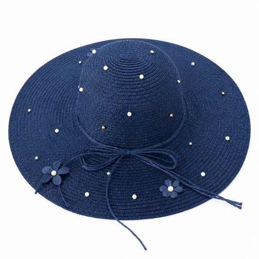 Palarie de vara dama bleumarin cu perle decorative si protectie UV pentru plaja