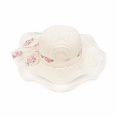 Palarie de vara dama crem cu funda florala eleganta si protectie UV pentru plaja