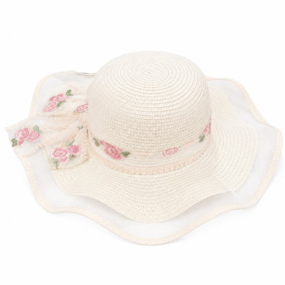 Palarie de vara dama crem cu funda florala eleganta si protectie UV pentru plaja