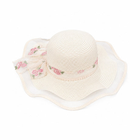 Palarie de vara dama crem cu funda florala eleganta si protectie UV pentru plaja