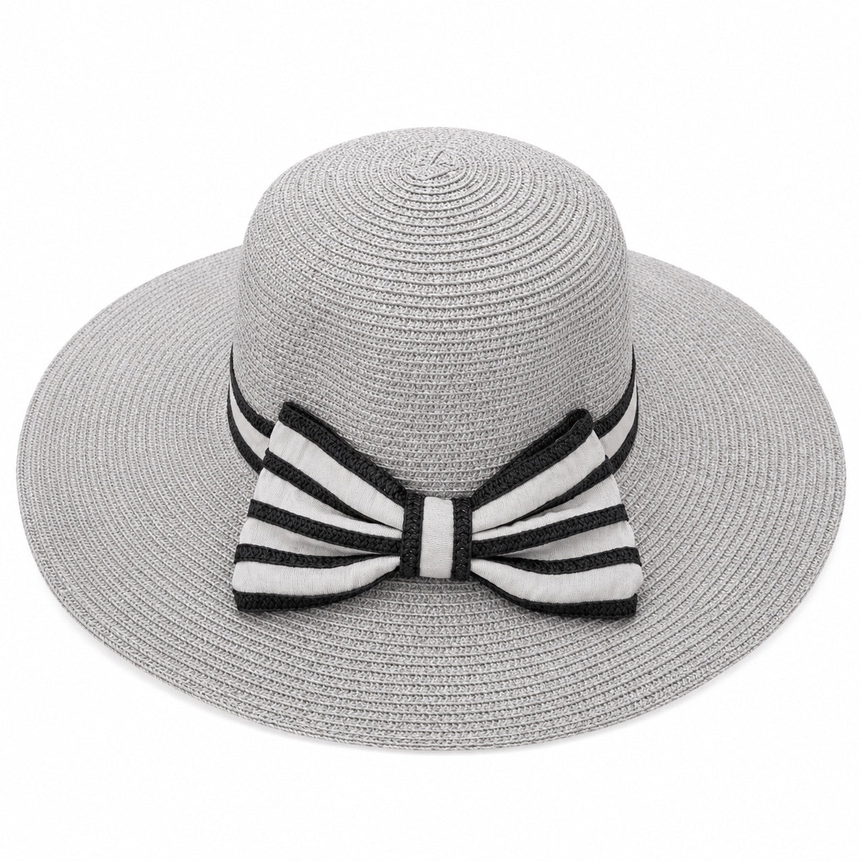 Palarie de vara dama gri cu funda eleganta in dungi si protectie UV pentru plaja