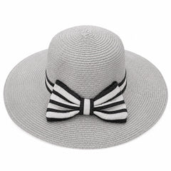 Palarie de vara dama gri cu funda eleganta in dungi si protectie UV pentru plaja