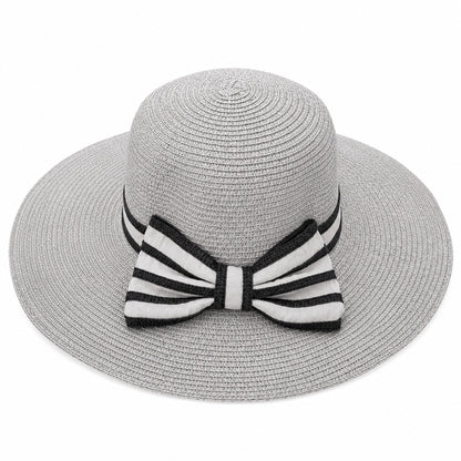 Palarie de vara dama gri cu funda eleganta in dungi si protectie UV pentru plaja
