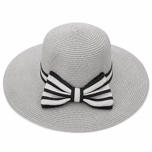 Palarie de vara dama gri cu funda eleganta in dungi si protectie UV pentru plaja
