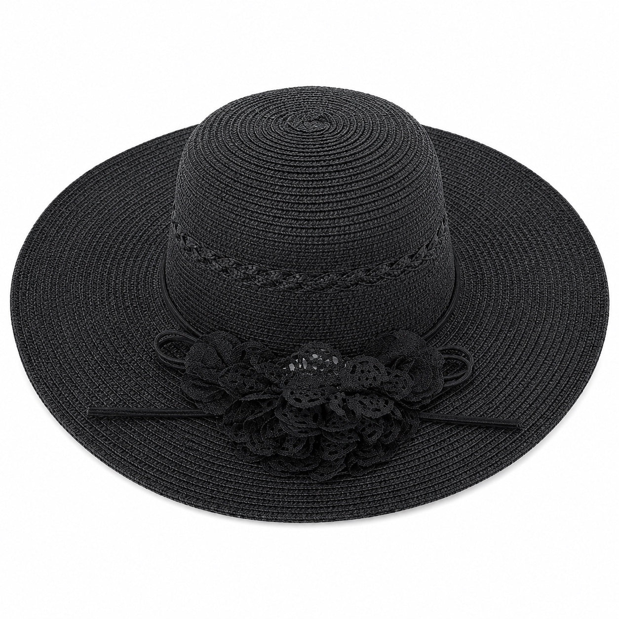 Palarie de vara dama neagra eleganta cu floare decorativa si protectie UV pentru plaja