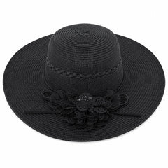 Palarie de vara dama neagra eleganta cu floare decorativa si protectie UV pentru plaja