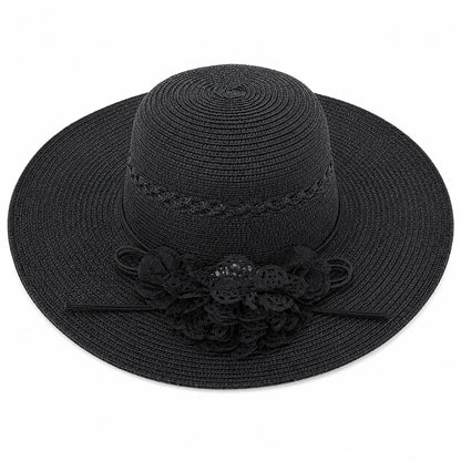 Palarie de vara dama neagra eleganta cu floare decorativa si protectie UV pentru plaja