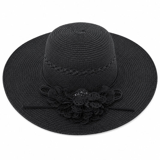 Palarie de vara dama neagra eleganta cu floare decorativa si protectie UV pentru plaja