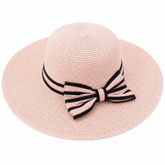 Palarie de vara dama roz cu funda eleganta pentru plaja, vacanta si protectie solara