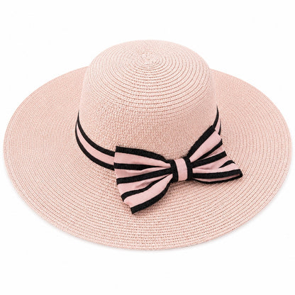 Palarie de vara dama roz cu funda eleganta pentru plaja, vacanta si protectie solara
