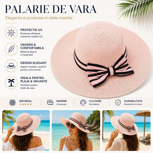 Palarie de vara dama roz cu funda eleganta pentru plaja, vacanta si protectie solara