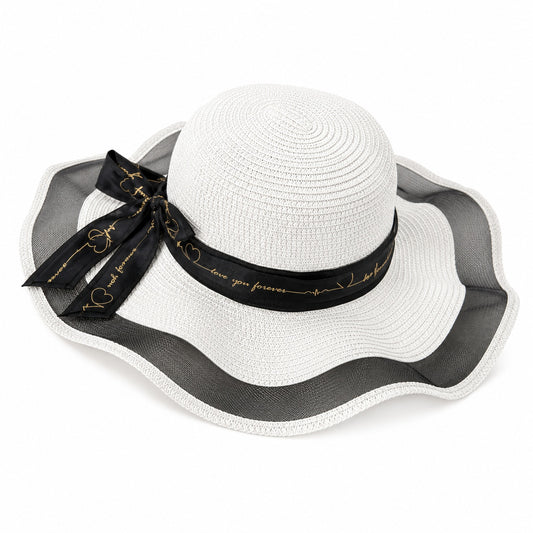 Palarie de vara eleganta alb-negru pentru plaja, perfecta pentru vacante si tinute de sezon