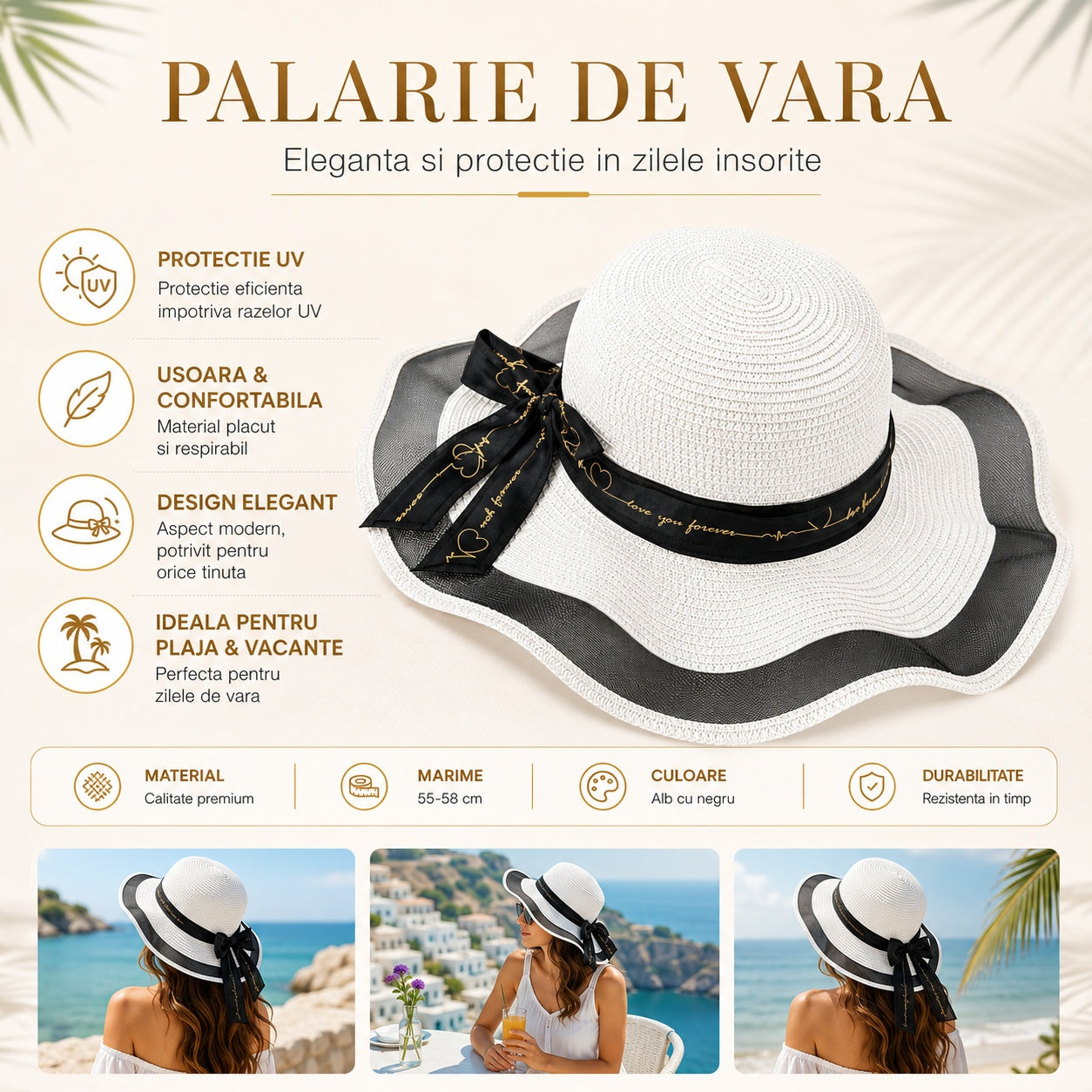 Palarie de vara eleganta alb-negru pentru plaja, perfecta pentru vacante si tinute de sezon