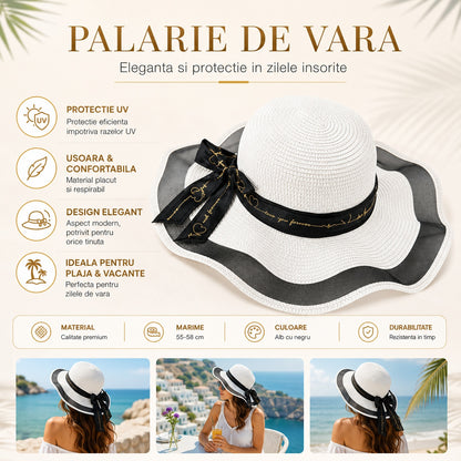 Palarie de vara eleganta alb-negru pentru plaja, perfecta pentru vacante si tinute de sezon