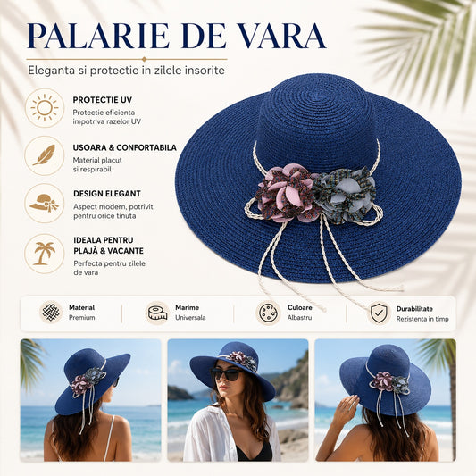 Palarie de vara eleganta albastra cu flori decorative pentru plaja si vacante