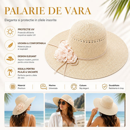 Palarie de vara eleganta bej cu floare decorativa pentru plaja si vacante