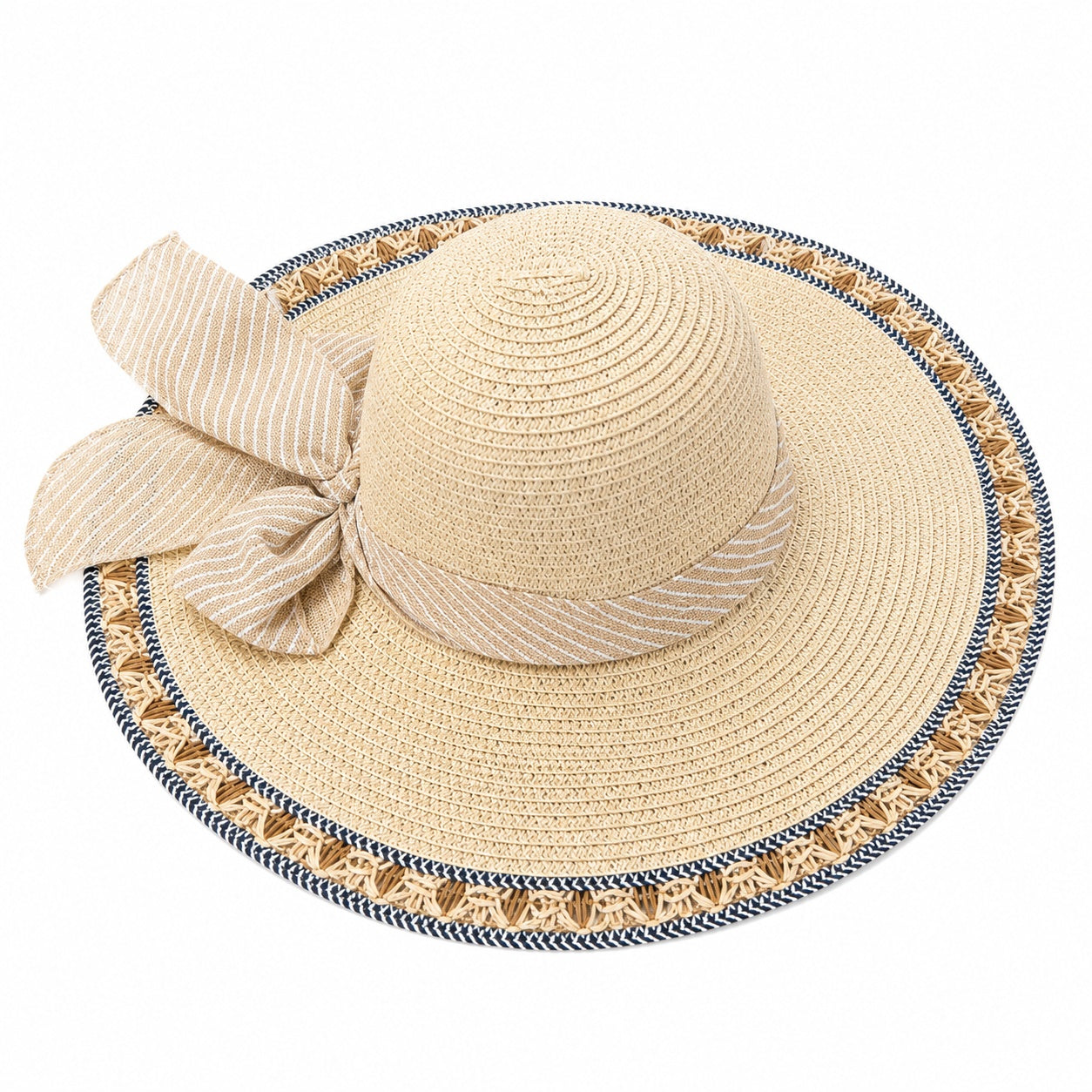 Palarie de vara eleganta bej cu funda decorativa pentru plaja si vacante