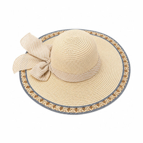 Palarie de vara eleganta bej cu funda decorativa pentru plaja si vacante