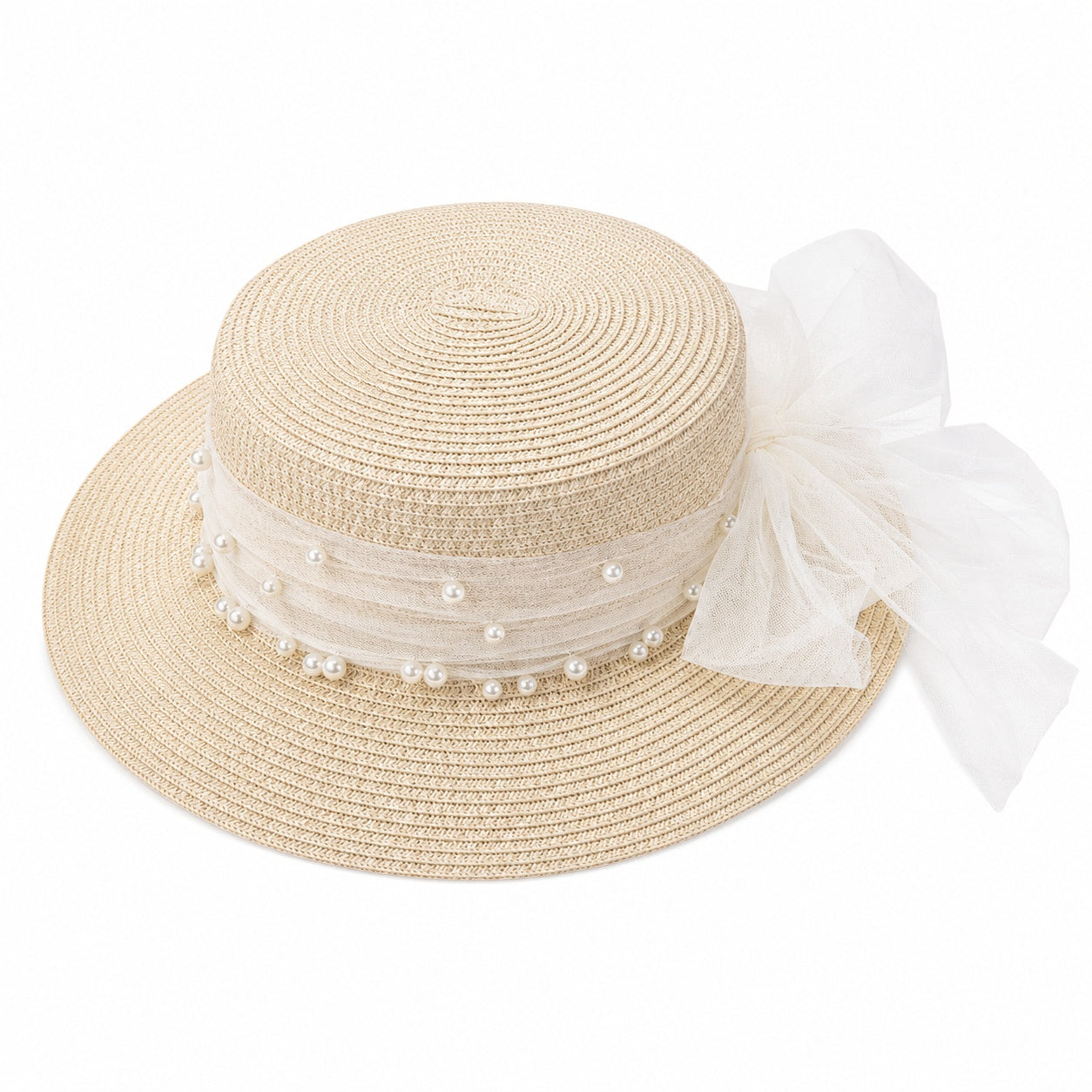 Palarie de vara eleganta bej cu funda si perle pentru plaja si tinute feminine