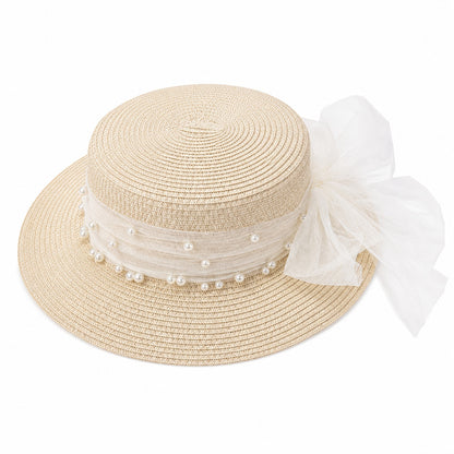 Palarie de vara eleganta bej cu funda si perle pentru plaja si tinute feminine