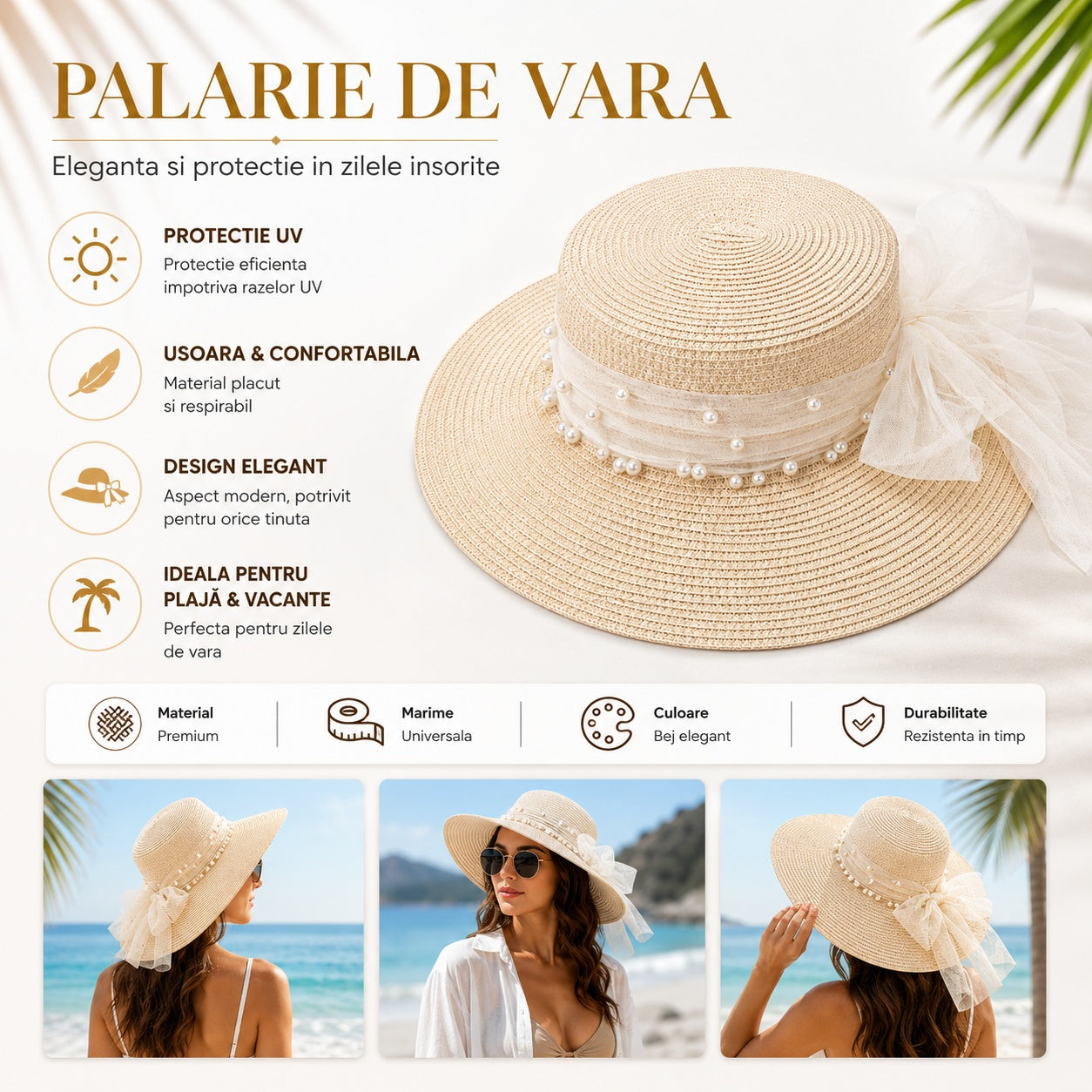 Palarie de vara eleganta bej cu funda si perle pentru plaja si tinute feminine