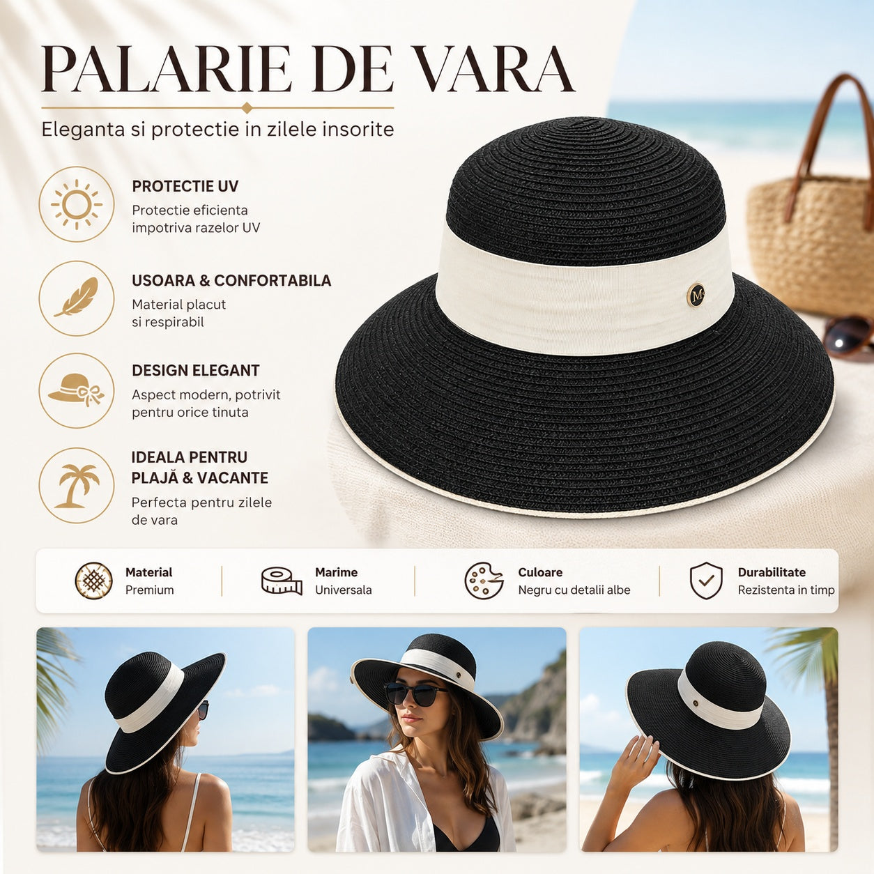 Palarie de vara eleganta neagra cu detalii contrastante pentru plaja si vacante