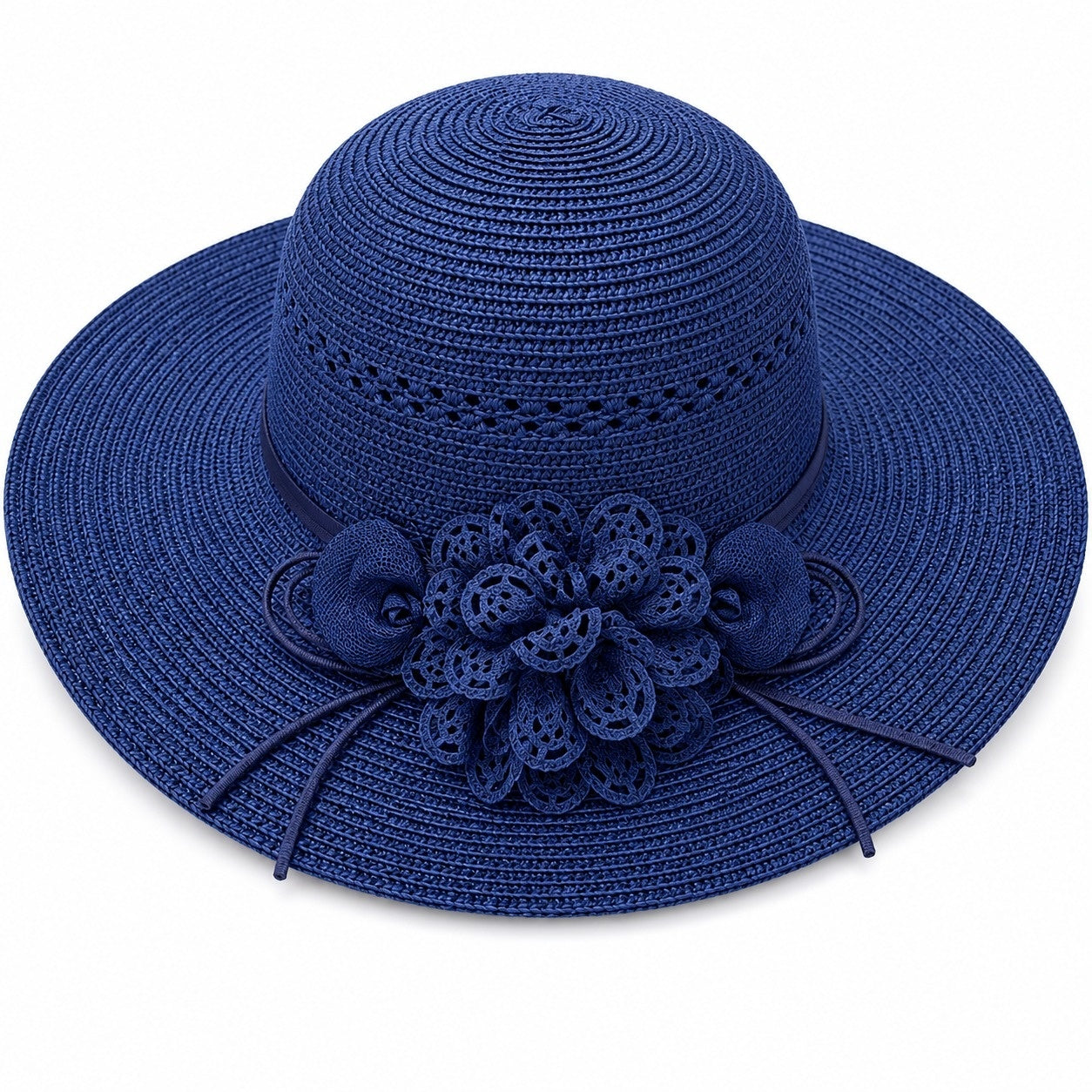 Palarie de Vara Eleganta pentru Femei, Albastru Navy cu Flori Decorative si Bor Lat