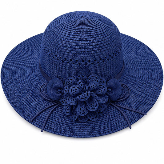 Palarie de Vara Eleganta pentru Femei, Albastru Navy cu Flori Decorative si Bor Lat