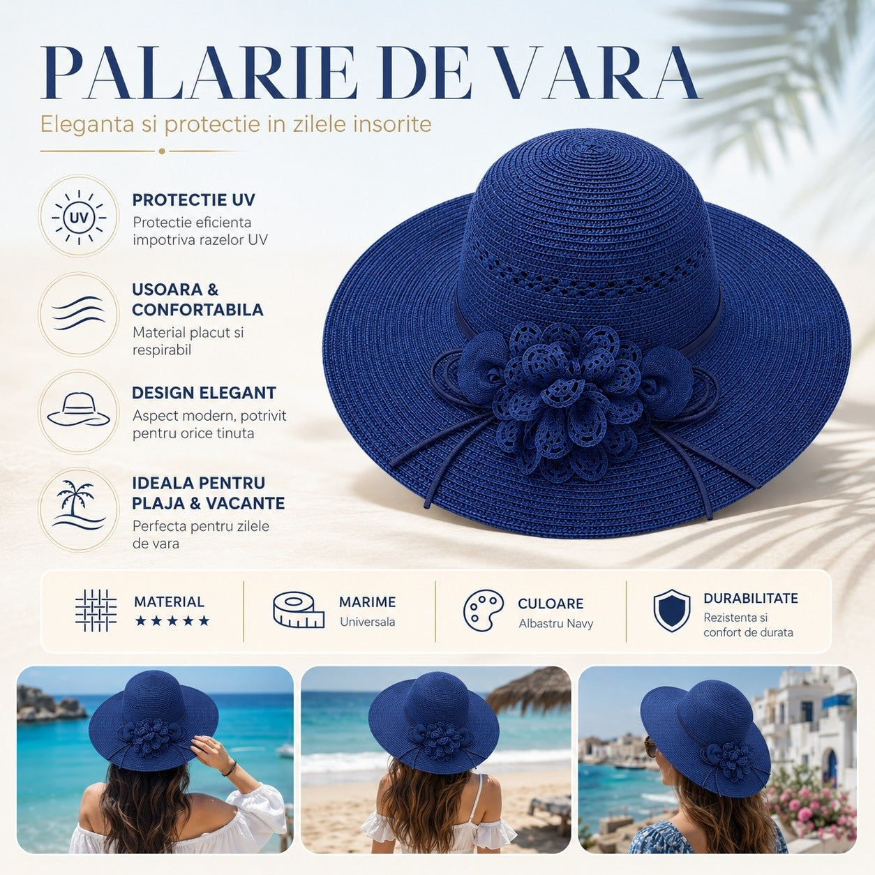 Palarie de Vara Eleganta pentru Femei, Albastru Navy cu Flori Decorative si Bor Lat