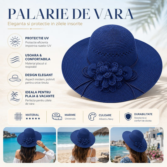Palarie de Vara Eleganta pentru Femei, Albastru Navy cu Flori Decorative si Bor Lat