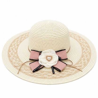 Palarie de Vara Eleganta pentru Femei, Bej cu Floare Decorativa si Fundita Roz