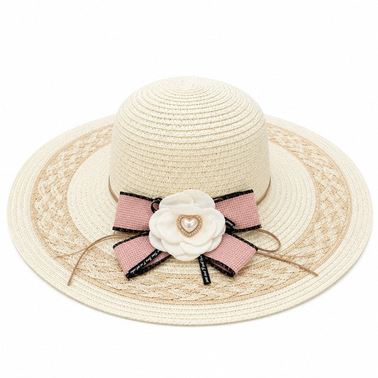 Palarie de Vara Eleganta pentru Femei, Bej cu Floare Decorativa si Fundita Roz