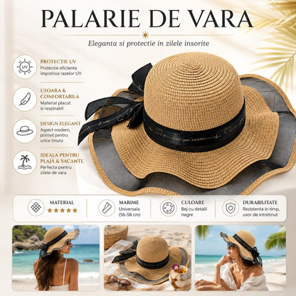 Palarie de Vara Eleganta pentru Femei, Bej cu Panglica Neagra si Bor Ondulat