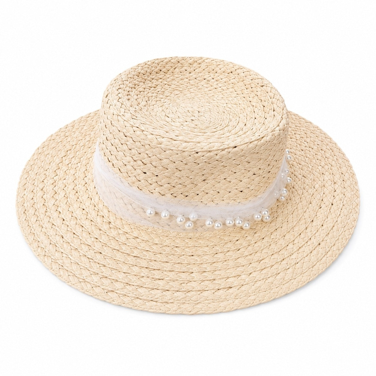 Palarie de Vara Eleganta pentru Femei, Bej cu Perle Decorative si Design Rafinat