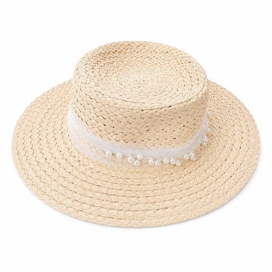 Palarie de Vara Eleganta pentru Femei, Bej cu Perle Decorative si Design Rafinat