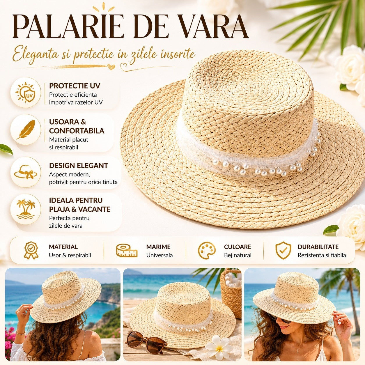 Palarie de Vara Eleganta pentru Femei, Bej cu Perle Decorative si Design Rafinat