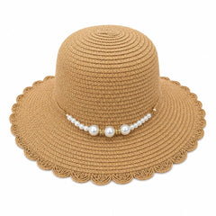 Palarie de Vara Eleganta pentru Femei, Bej cu Perlute Decorative si Bor Decupat