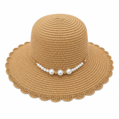 Palarie de Vara Eleganta pentru Femei, Bej cu Perlute Decorative si Bor Decupat