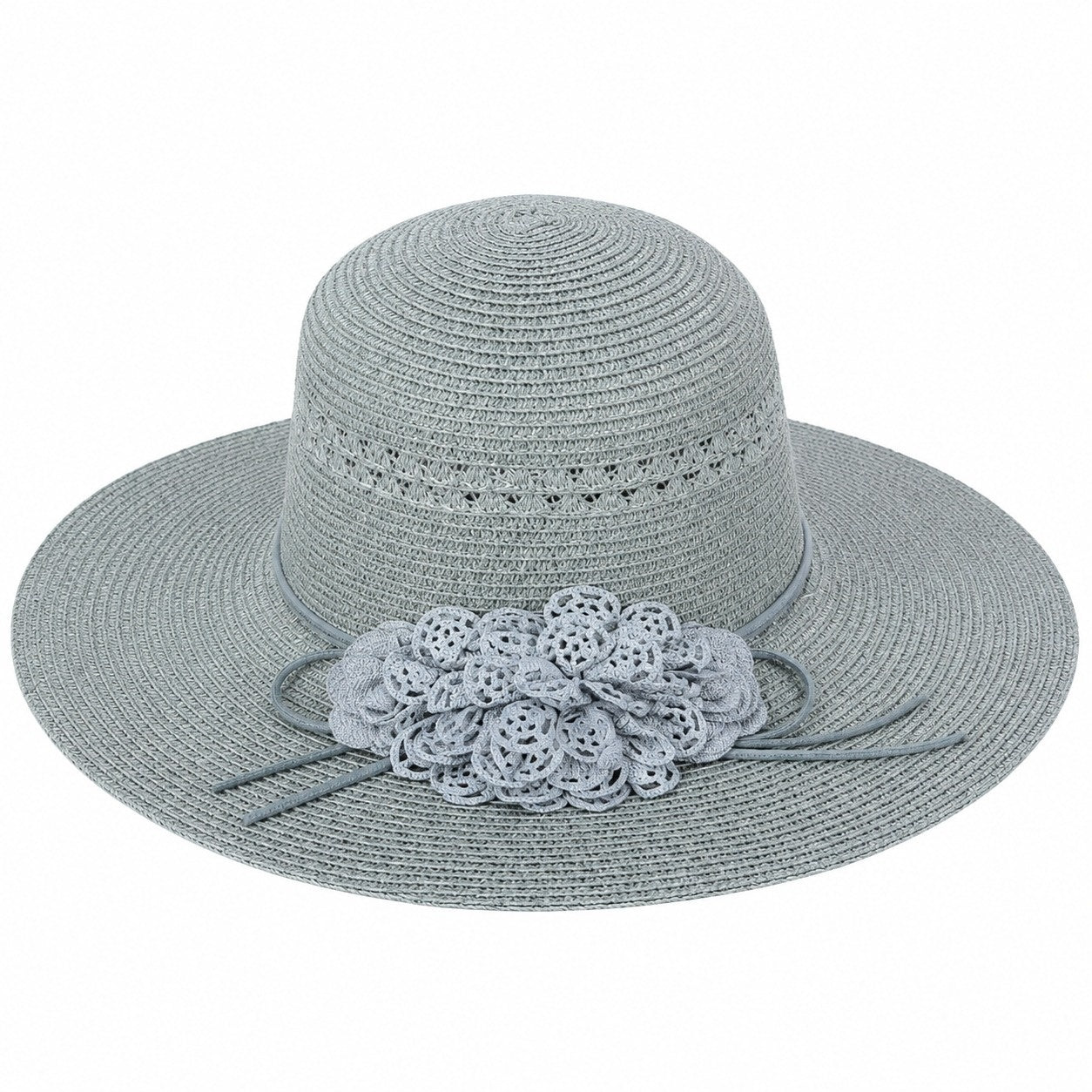 Palarie de Vara Eleganta pentru Femei, Gri Deschis cu Flori Decorative si Bor Lat