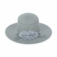 Palarie de Vara Eleganta pentru Femei, Gri Deschis cu Flori Decorative si Bor Lat