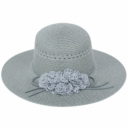 Palarie de Vara Eleganta pentru Femei, Gri Deschis cu Flori Decorative si Bor Lat