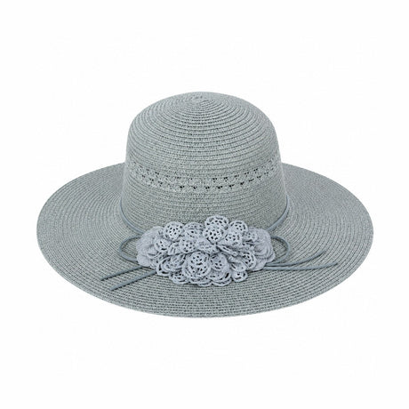 Palarie de Vara Eleganta pentru Femei, Gri Deschis cu Flori Decorative si Bor Lat